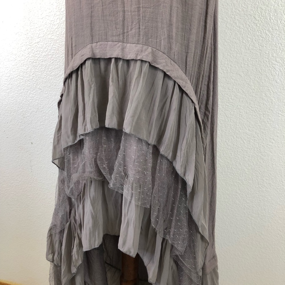 Anthropologie A’Reve Grey Taupe High Low Boho Lace Tiered Ruffle Dress - Picture 10 of 11